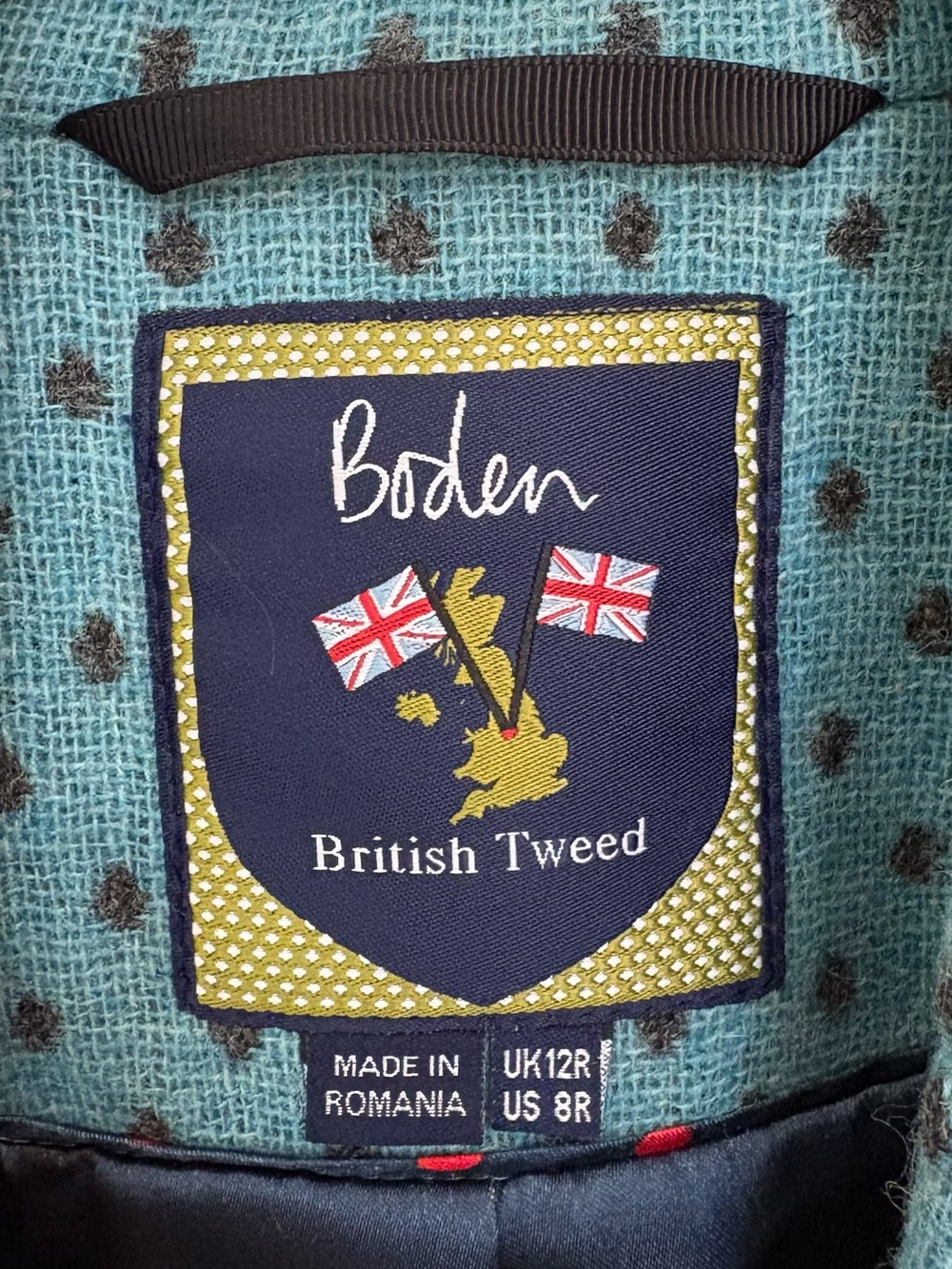 Boden Teal Wool Blazer with Navy Dot Print Size 8 - Picture 5 of 7